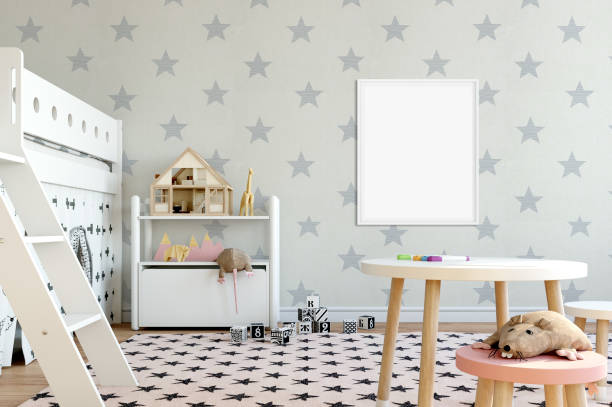 istock mock up wall in child room interior. Interior scandinavian style. 3d rendering, 3d illustration 692862222