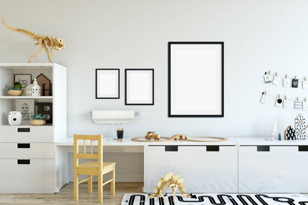 istock mock up wall in child room interior. Interior scandinavian style. 3d rendering, 3d illustration 692862240