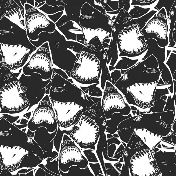Vector illustration of Angry Shark Collage. Hand Drawn Sea Life Pattern. Black and White Illustration.