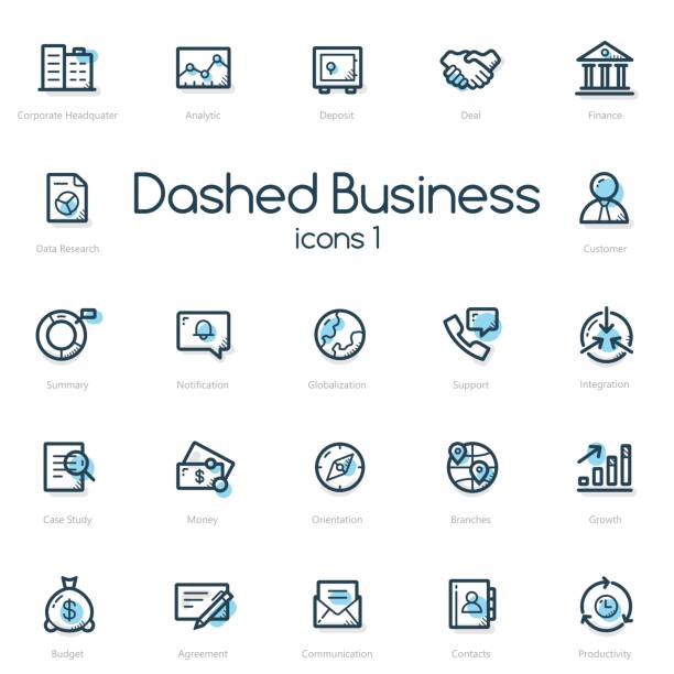 Business line icons set with blue accent Business line icons set with blue accent isolated on light background. case studies stock illustrations