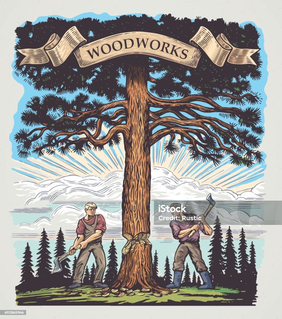 Woodworking Two of the lumberjack chopped the tree with axes. Illustration made in graphic style and painted in color. Lumberjack stock vector