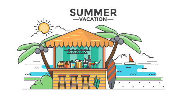Flat Line Design Hero Image - summer concepts Modern flat thin line design Hero image, concept of Holiday, journey and trip to other countries, easy to use and highly customizable. Modern vector illustration concept, isolated on white background. beach bar stock illustrations