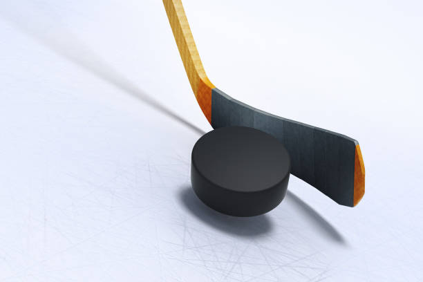 ilustração 3d do taco de hóquei e puck flutuando no gelo - ice hockey hockey puck playing shooting at goal - fotografias e filmes do acervo