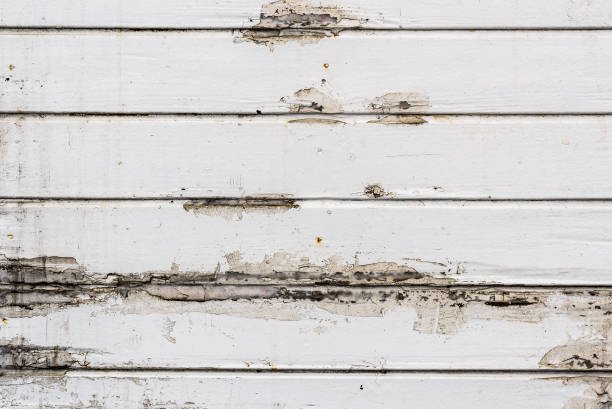 istock Dirty, old weathered white outside wooden plank wall. 692872840