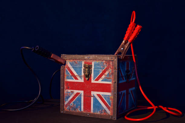 istock Concept of terrorism.England flag box and jumper cables 692873052