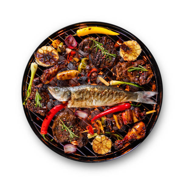 Many kinds of meat placed on grill, isolated on white background