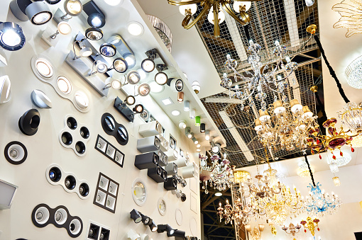 Department of fixtures and chandeliers in the store