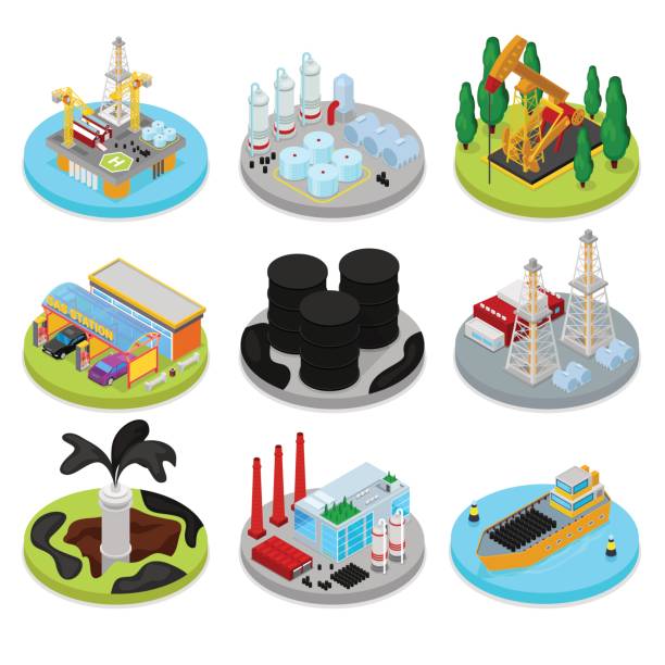 ilustrações de stock, clip art, desenhos animados e ícones de isometric oil industry. industrial plant, platform - oil rig construction platform oil industry sea