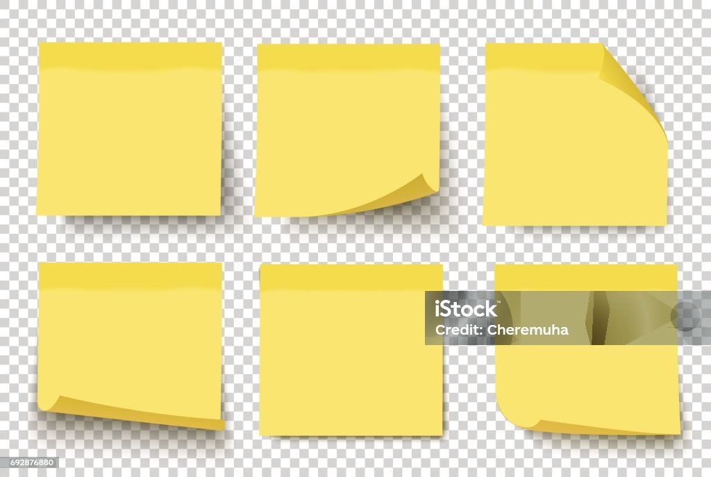 Yellow sticky notes. Vector set on tranparent background. Yellow sticky notes. Vector illustration isolated on white background. Sticky note set with curled corners and shadows. Adhesive Note stock vector