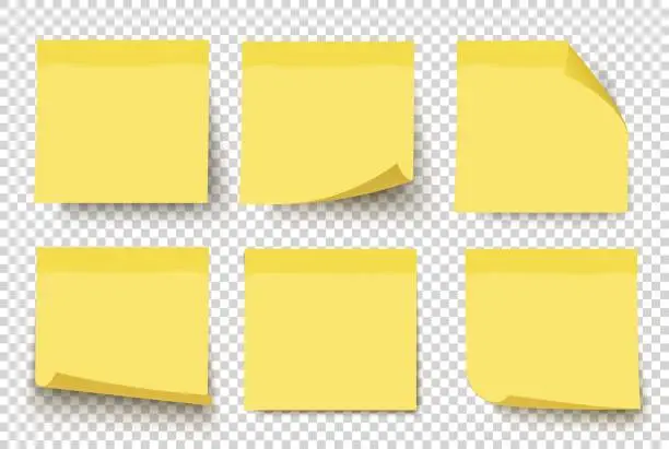 Vector illustration of Yellow sticky notes. Vector set on tranparent background.