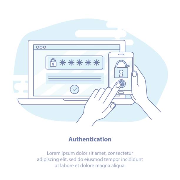 Multi factor authentication Flat linear vector concept of multi factor authentication, online access control - mobile phone with password and authorization code to secure user data. Isolated illustration. wiretap stock illustrations