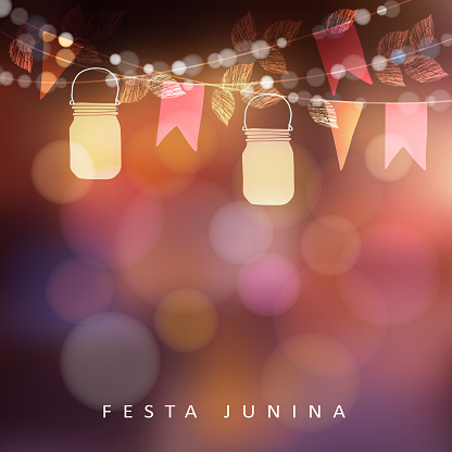 Brazilian june party Festa Junina, midsummer celebration or summer garden party, vector illustration background with garland of lights, glass jars lanterns and flags.