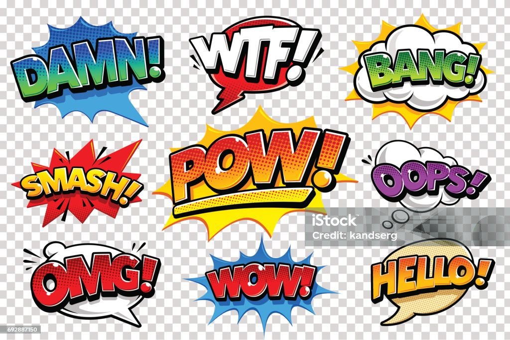 Comic Speech Bubbles Set of vector comic speech bubbles on transparency background. Bright dynamic pop art design elements. Funny sound effects and expression words. Comic Book stock vector