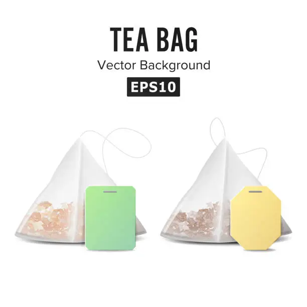 Vector illustration of Pyramid Shape Tea Bag Set. Mock Up With Empty Yellow And Green Label. Isolated On White Background. Vector Illustration