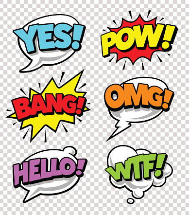 Comic speech bubbles with expression tags and sound effects. Bright dynamic pop art design elements on transparency background. Vector illustration.