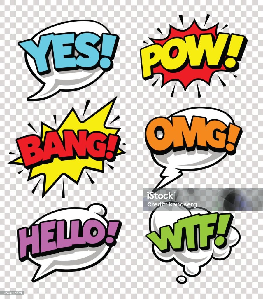 Comic Speech Bubbles Comic speech bubbles with expression tags and sound effects. Bright dynamic pop art design elements on transparency background. Vector illustration. Comic Book stock vector