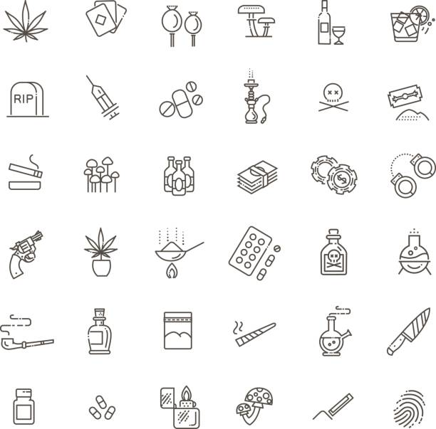 ilustrações de stock, clip art, desenhos animados e ícones de simple set of drugs related vector line icons - narcotic medicine symbol marijuana