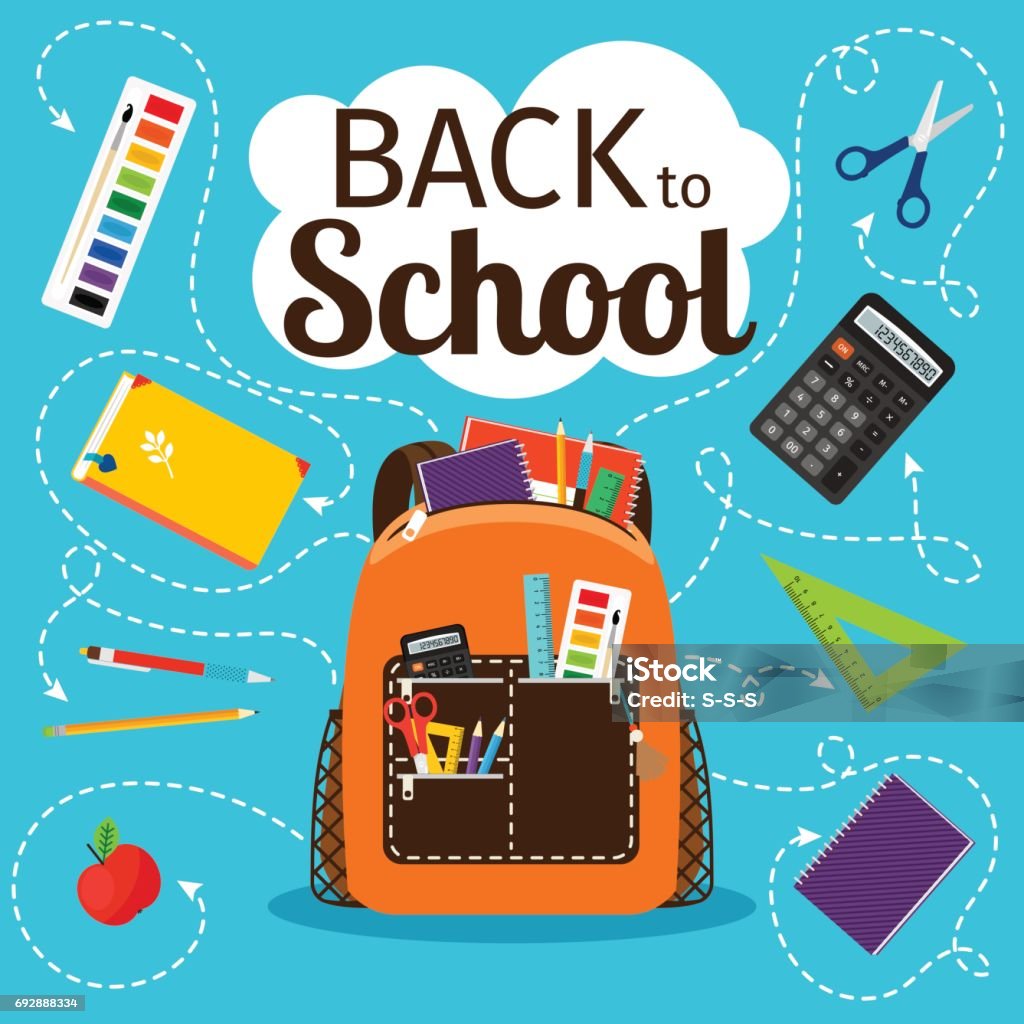 Back to school poster with backpack Back to school poster. Kids school backpack with education equipment vector illustration Backpack stock vector