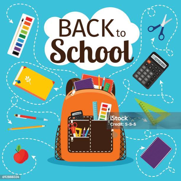 Back To School Poster With Backpack Stock Illustration - Download Image Now - Backpack, Education, Weather