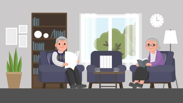 할아버지와 할머니는 거실에 있는 소파에 앉아 있다. - book sofa women bookshelf stock illustrations