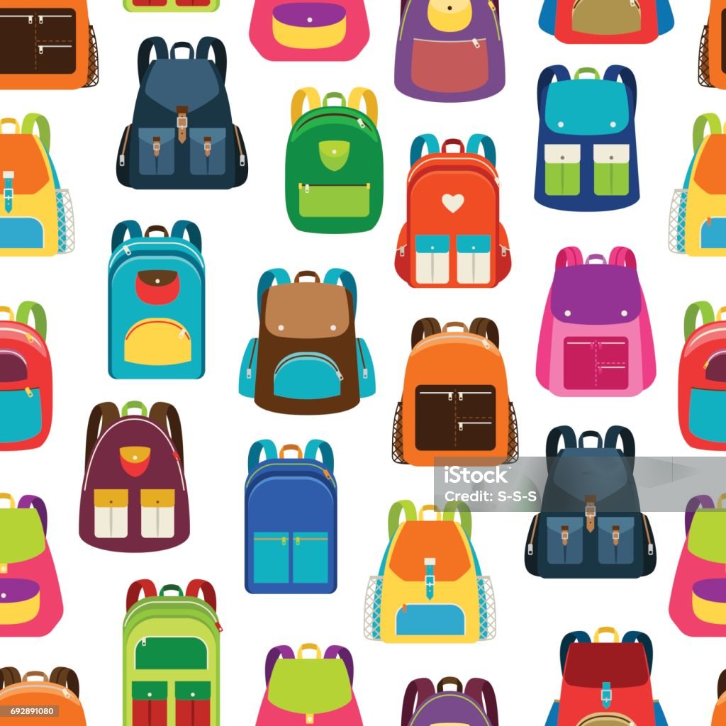 School cartoon pattern with colorful backpacks School cartoon pattern with flat colorful backpacks and rucksacks on white background. Vector illustration Backpack stock vector