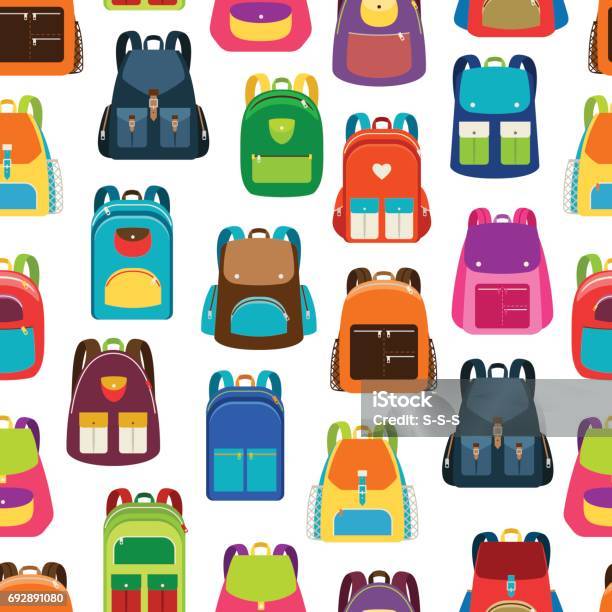 School Cartoon Pattern With Colorful Backpacks Stock Illustration - Download Image Now - Backpack, Child, Education