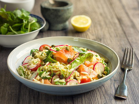 Home made freshness orzo salad,tossing cooked orzo with radish,red chard and capers,balsamic vinegar.add on smoked salmon.