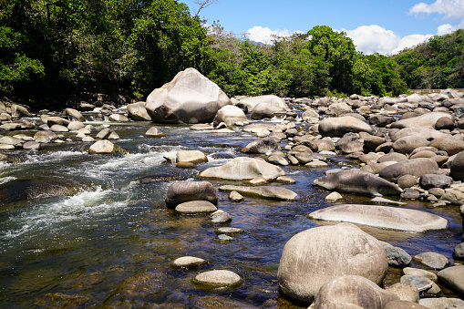 River Rio Caldera in February with lot of rocks and small lagoons, when the water is very low. It is near the small town of Boquete, Panama which is in western Panama and is home of coffee plantations and the Baru Volcano National Park. It is inland, mountainous part of Panama.