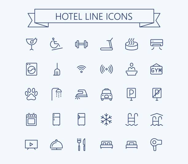hotel-vektor-icons set. dünne linie skizzieren 24 x 24 grid.pixel perfekt - whirlpool stock-grafiken, -clipart, -cartoons und -symbole