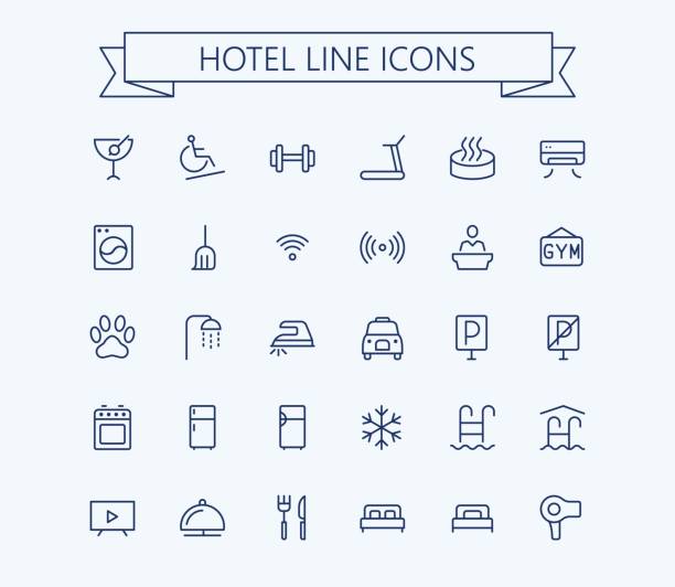 набор значков вектора отеля. тонкий контур линии 24x24 grid.pixel perfect - средство для ухода stock illustrations