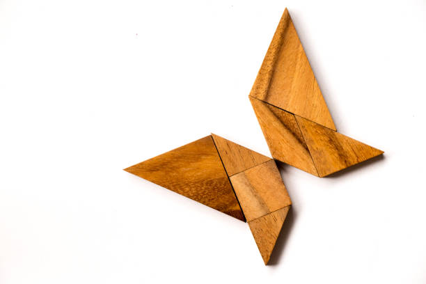 Wooden tangram puzzle in butterfly shape on white background