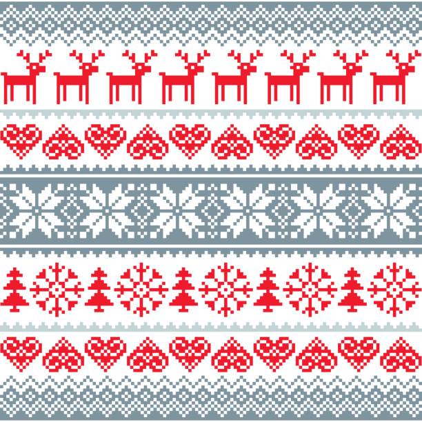 Winter, Christmas red and grey seamless pattern, Nordic background with reindeer and snowflakes Christmas vector background - vector Scandinavian embroidery style christmas pattern pixel stock illustrations