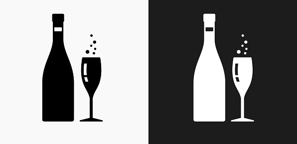 Champagne Bottle and Glass Icon on Black and White Vector Backgrounds. This vector illustration includes two variations of the icon one in black on a light background on the left and another version in white on a dark background positioned on the right. The vector icon is simple yet elegant and can be used in a variety of ways including website or mobile application icon. This royalty free image is 100% vector based and all design elements can be scaled to any size.