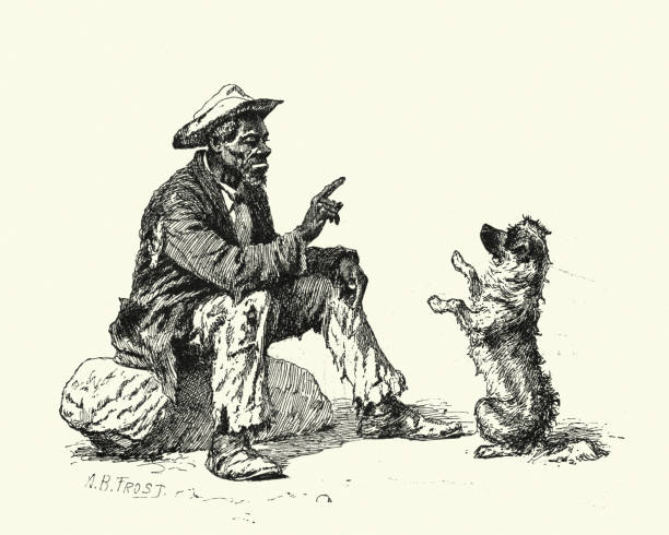 Vintage engraving of a African American man and his pet dog, 19th Century