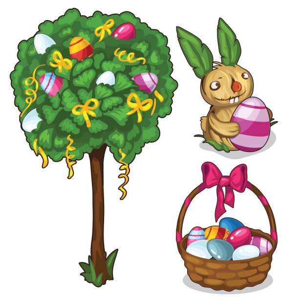 ilustrações de stock, clip art, desenhos animados e ícones de basket with easter eggs, bunny and festive tree - easter traditional culture backgrounds basket