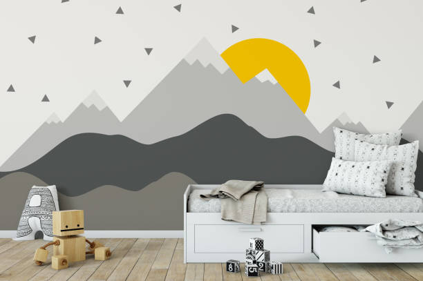 istock mock up wall in child room interior. Interior scandinavian style. 3d rendering, 3d illustration 692915600