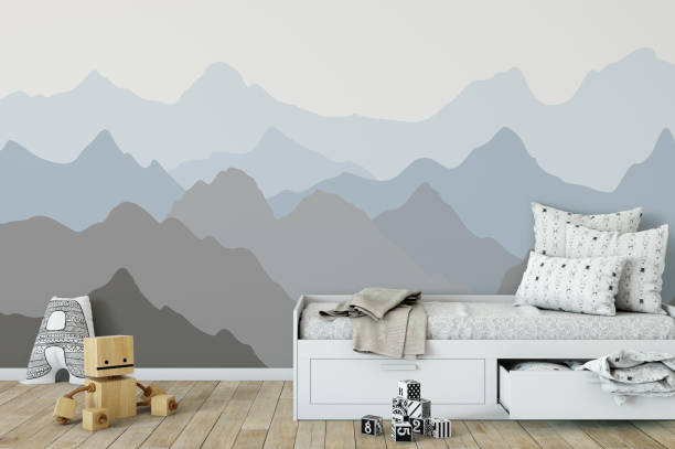 istock mock up wall in child room interior. Interior scandinavian style. 3d rendering, 3d illustration 692915616