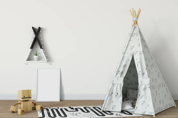 istock mock up wall in child room interior. Interior scandinavian style. 3d rendering, 3d illustration 692915624