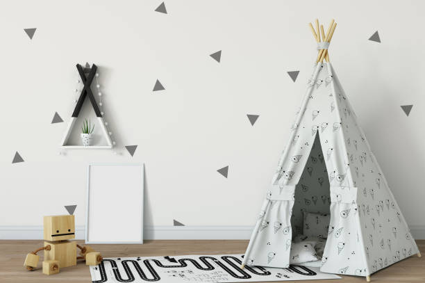 istock mock up wall in child room interior. Interior scandinavian style. 3d rendering, 3d illustration 692915648