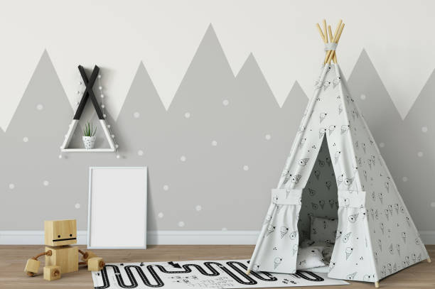 istock mock up wall in child room interior. Interior scandinavian style. 3d rendering, 3d illustration 692915682