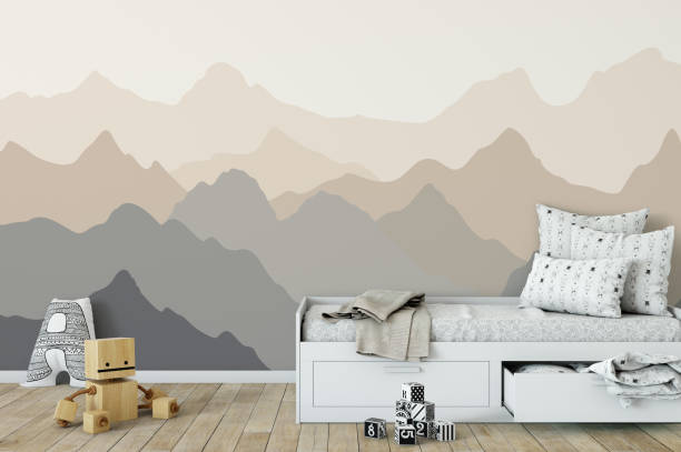 istock mock up wall in child room interior. Interior scandinavian style. 3d rendering, 3d illustration 692915688