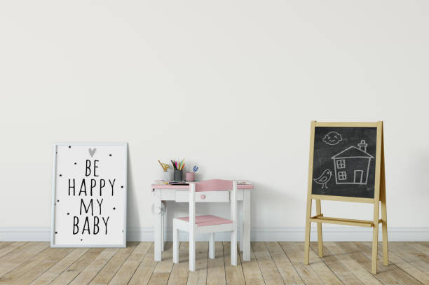 istock mock up wall in child room interior. Interior scandinavian style. 3d rendering, 3d illustration 692915698