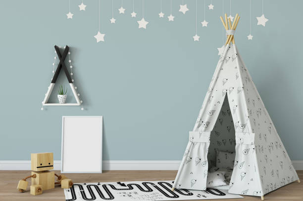 istock mock up wall in child room interior. Interior scandinavian style. 3d rendering, 3d illustration 692915704