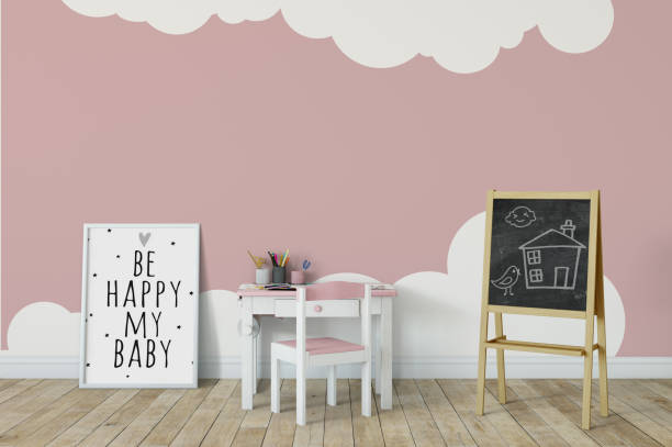 istock mock up wall in child room interior. Interior scandinavian style. 3d rendering, 3d illustration 692915740