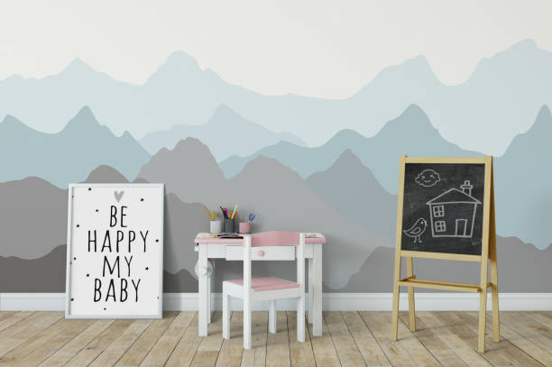 istock mock up wall in child room interior. Interior scandinavian style. 3d rendering, 3d illustration 692915766