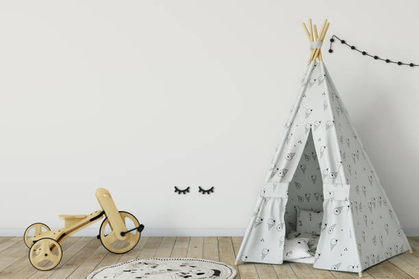 istock mock up wall in child room interior. Interior scandinavian style. 3d rendering, 3d illustration 692915886