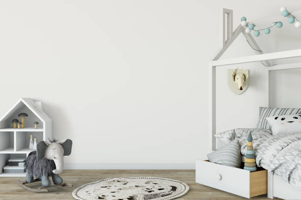 mock up wall in child room interior. Interior scandinavian style. 3d rendering, 3d illustration