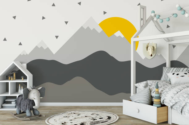 istock mock up wall in child room interior. Interior scandinavian style. 3d rendering, 3d illustration 692915956