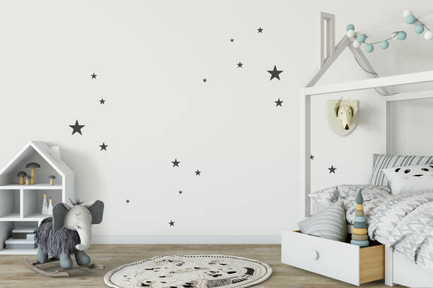 istock mock up wall in child room interior. Interior scandinavian style. 3d rendering, 3d illustration 692915964