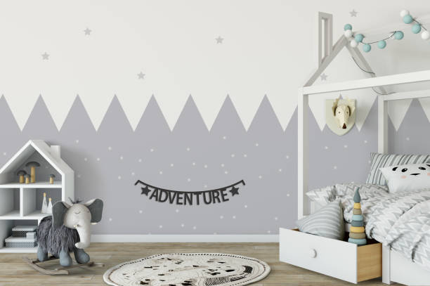 istock mock up wall in child room interior. Interior scandinavian style. 3d rendering, 3d illustration 692915972